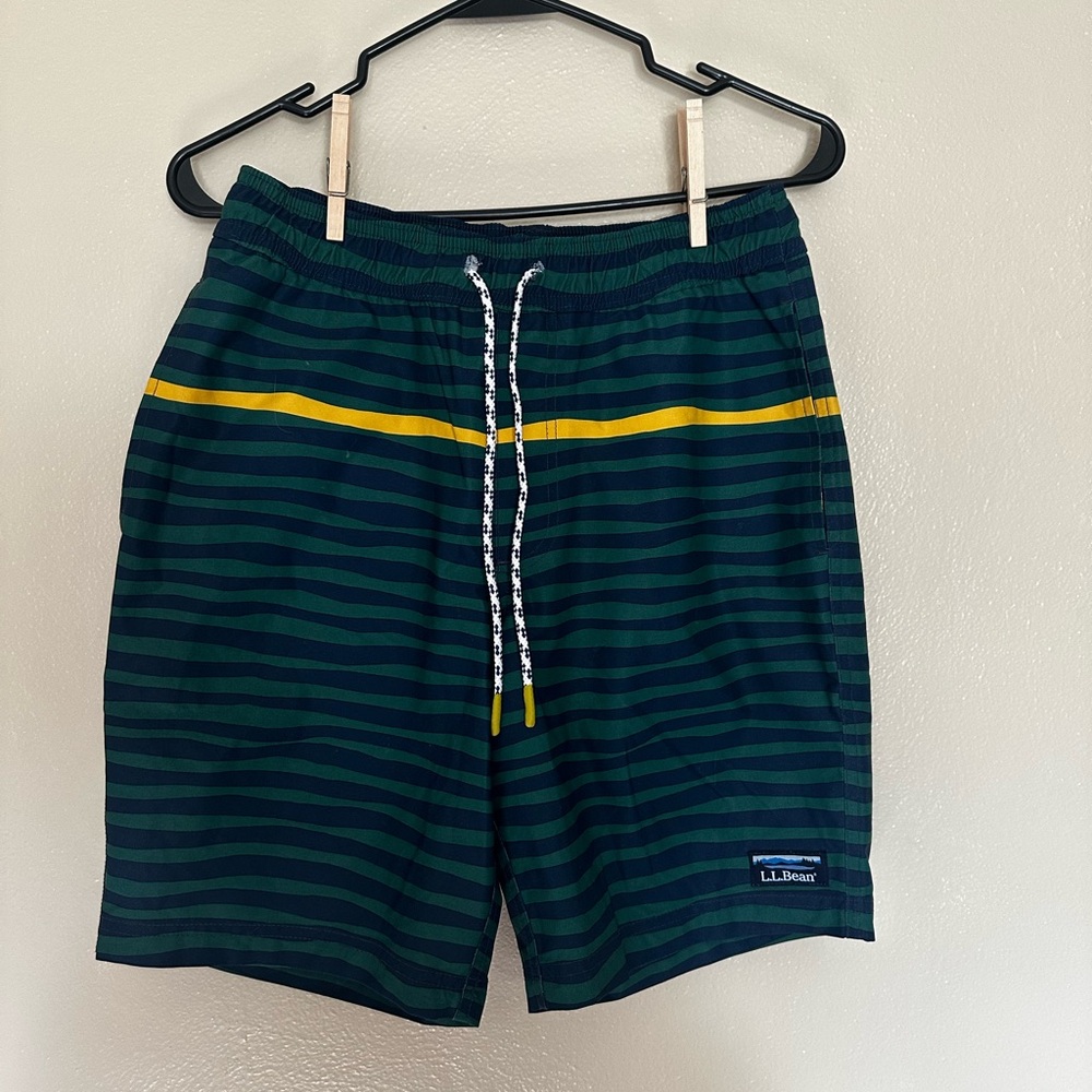 Vintage L.L. Bean Men's Dark Green and Yellow Striped Board Shorts
